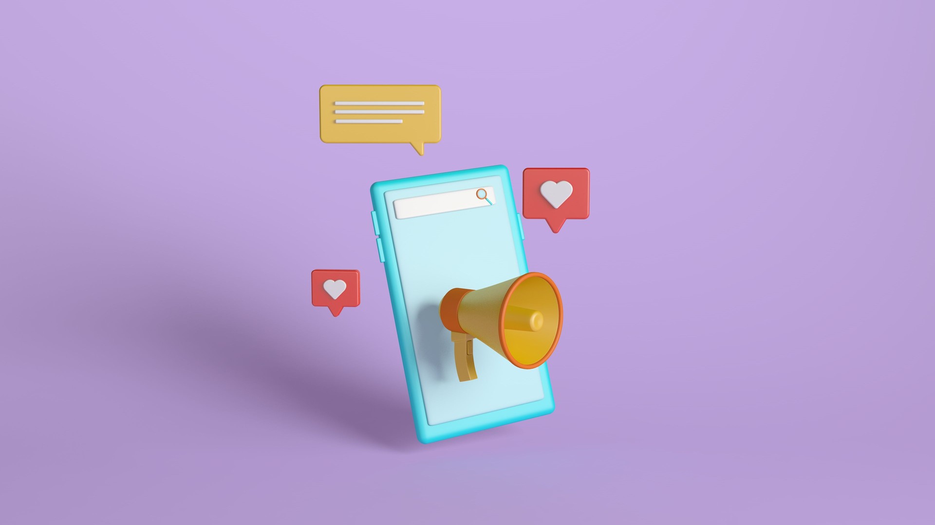 3D Smartphone with Megaphone and Social Media Icons on Purple Background